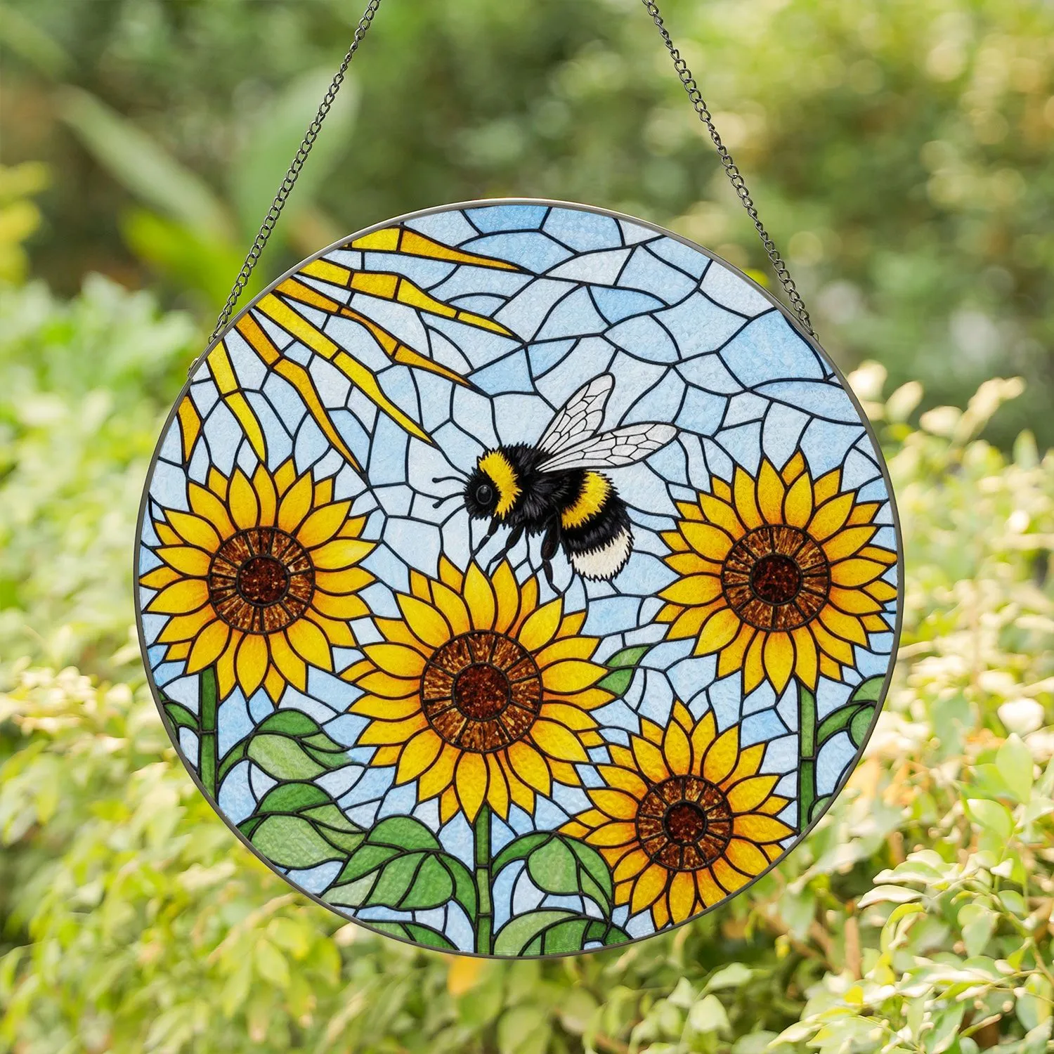 Bumblebee Sunflower Stained Glass Sunburst - Bee Lover Home Decor Gift Stained Glass Suncatcher - 1