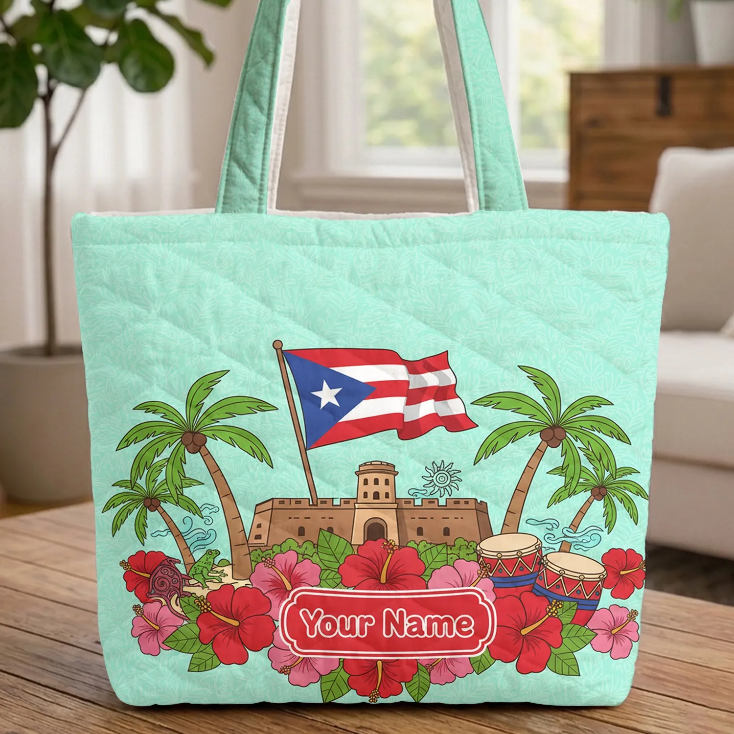 Puerto Rico El Morro Fort Flag Coqui Frog Hibiscus Palm Personalized Everyday Carry Gift Quilted Tote Bag - 1