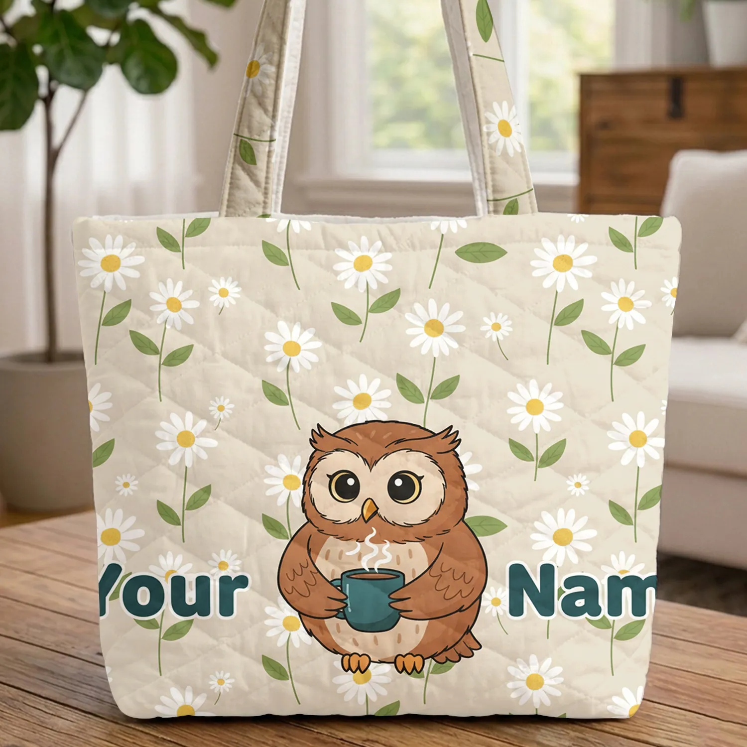 Owl Steaming Mug Daisy Flowers Your Name Everyday Carry Gift for Owl Lovers Quilted Tote Bag - 1