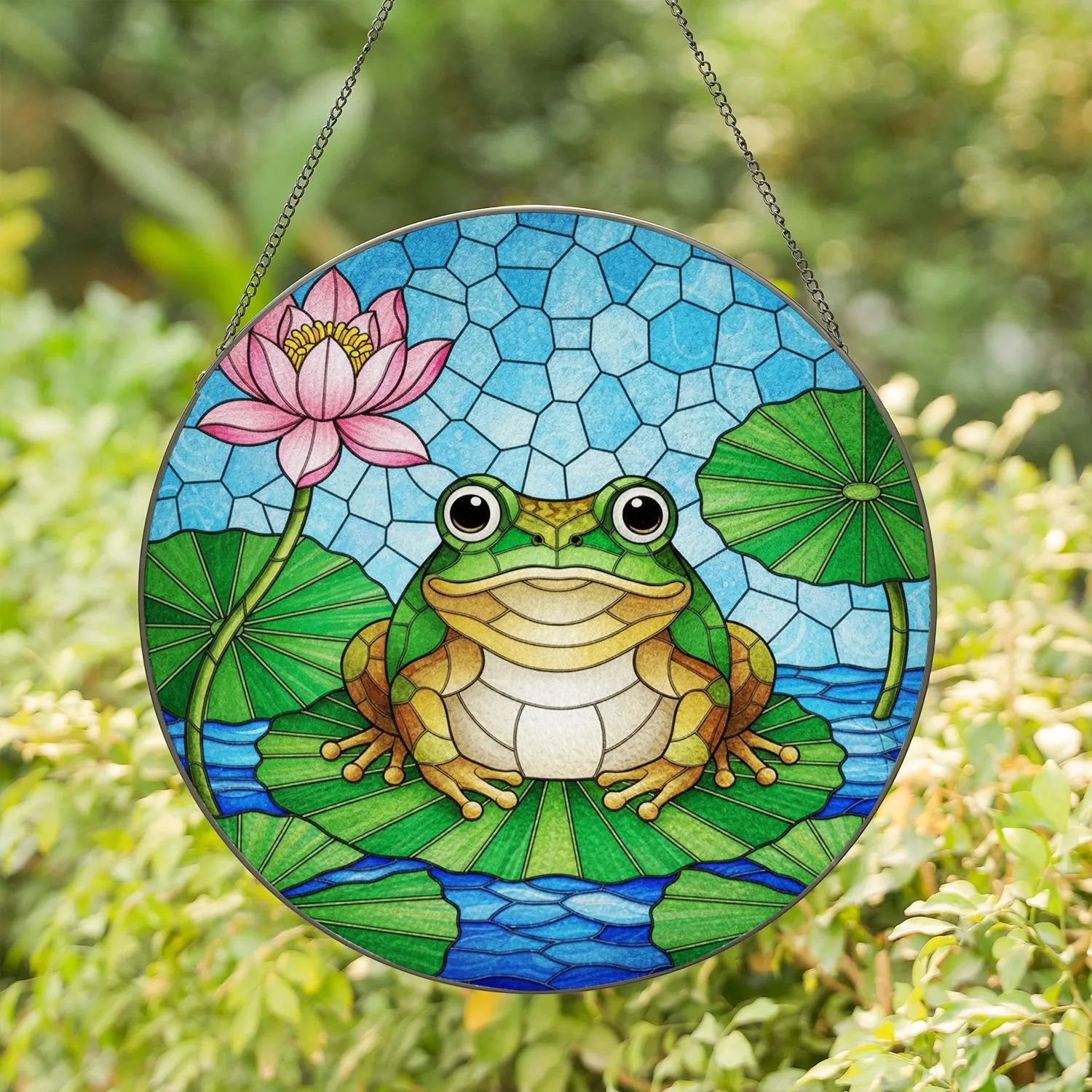 Plump Frog Lily Pad Lotus Flower Water Scene - Wildlife Lover Home Decor Gift Stained Glass Suncatcher - 1