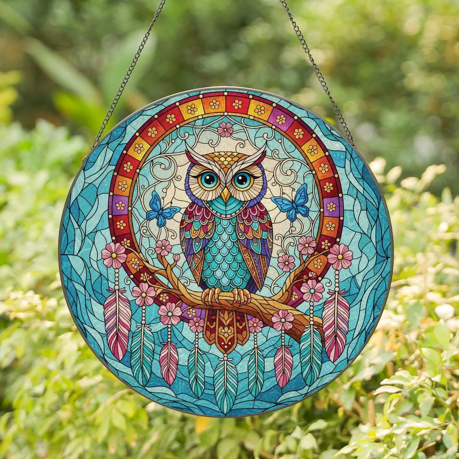 Wise Owl Dreamcatcher Butterflies Stained Glass Feathers - Wildlife Lover Home Decor Gift Stained Glass Suncatcher - 1