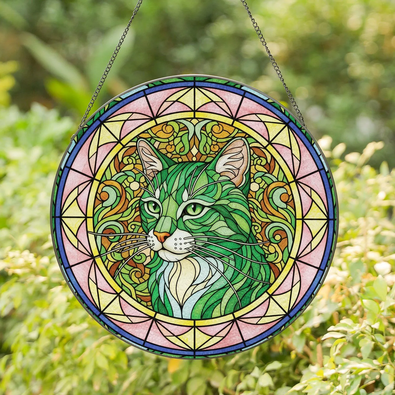 Feline Head Emerald Eye Botanical Mosaic - Home Decor Gift for Cat Lover Stained Glass Suncatcher - 1