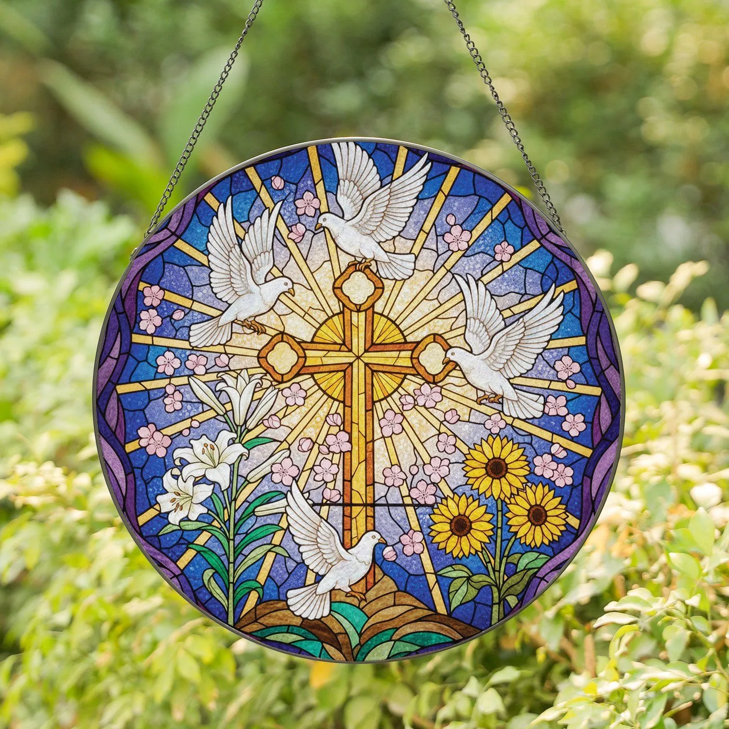 Ornate Christian Cross Doves Lilies Blossoms Sunrays - Home Decor Gift for Christian Stained Glass Suncatcher - 1