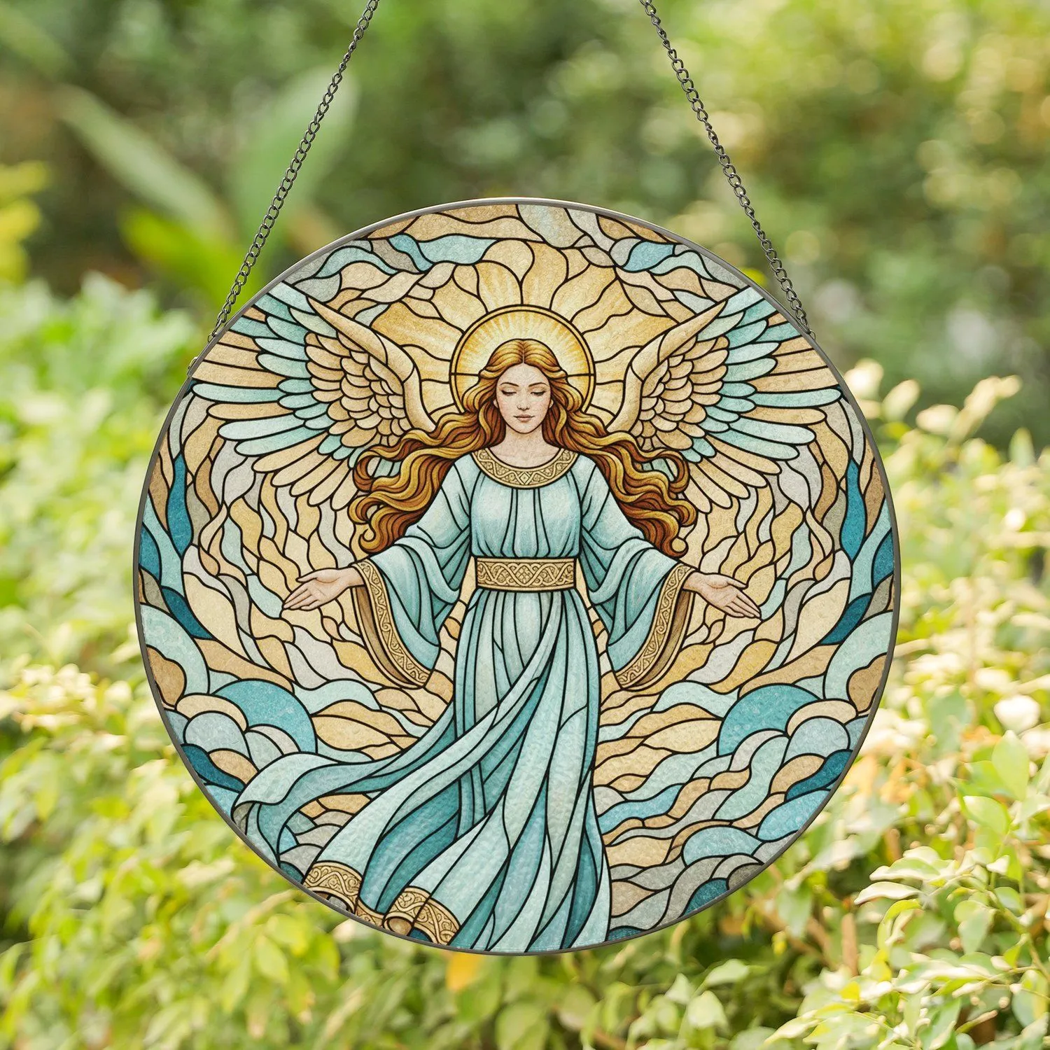 Angel Golden Halo Light Blue Teal Robe Ornate Belt Celestial Clouds - Home Decor Gift Stained Glass Suncatcher - 1
