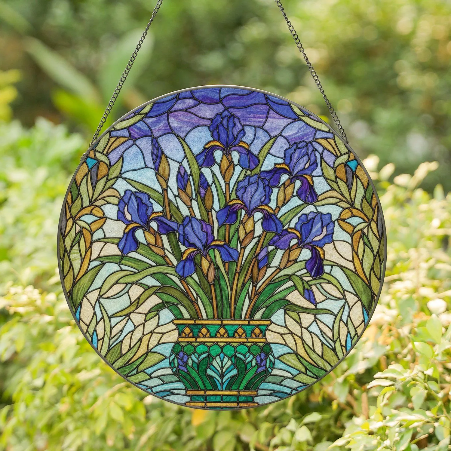 Iris Flowers Ornate Mosaic Pot Lush Leaves Stained Glass - Home Decor Gift Stained Glass Suncatcher - 1