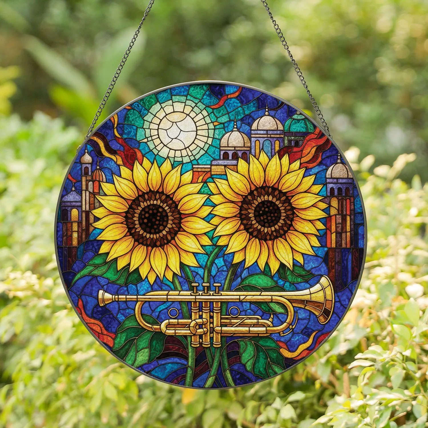 Sunflowers Golden Trumpet Night Sky Full Moon Stained Glass Home Decor Gift for Flower Lovers Stained Glass Suncatcher - 1