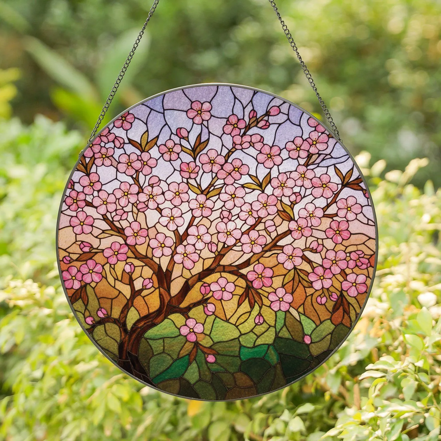 Blossoming Cherry Tree Pink Flowers Yellow Centers Green Leaves - Home Decor Gift Stained Glass Suncatcher - 1