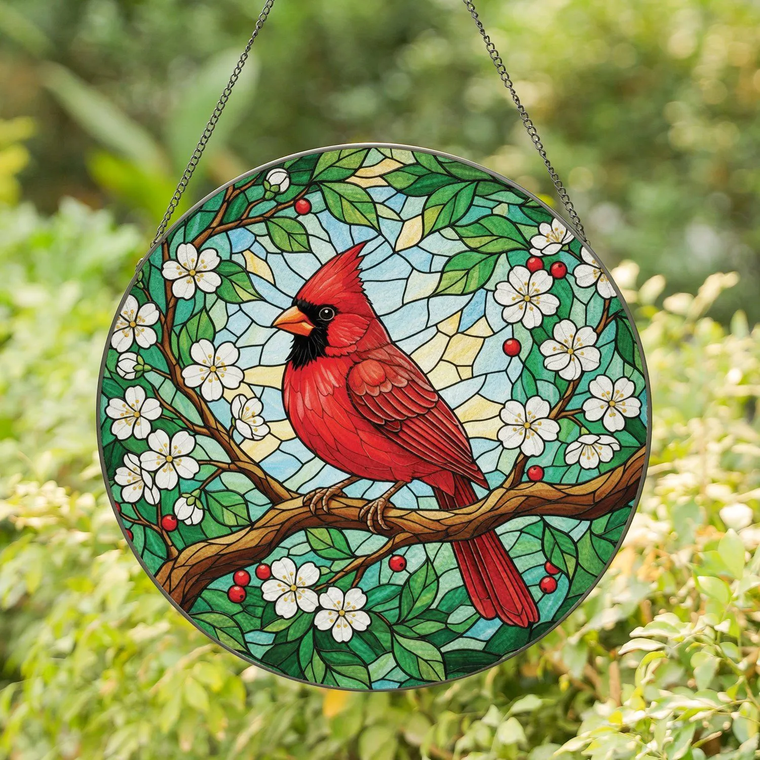 Northern Cardinal Bird Cherry Blossom Red Berry Branch Wildlife Home Decor Gift Bird Lover Stained Glass Suncatcher - 1