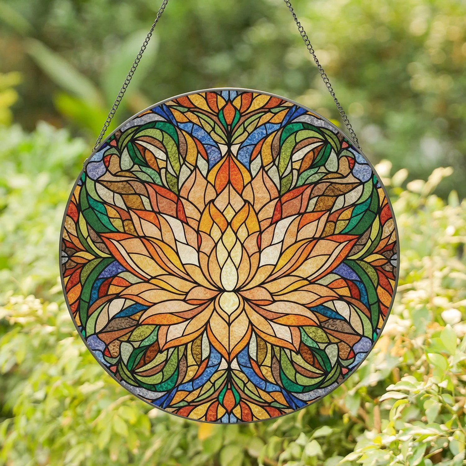 Symmetrical Lotus Flower Bloom Overlapping Petals Floral Mosaic Home Decor Gift Stained Glass Suncatcher - 1