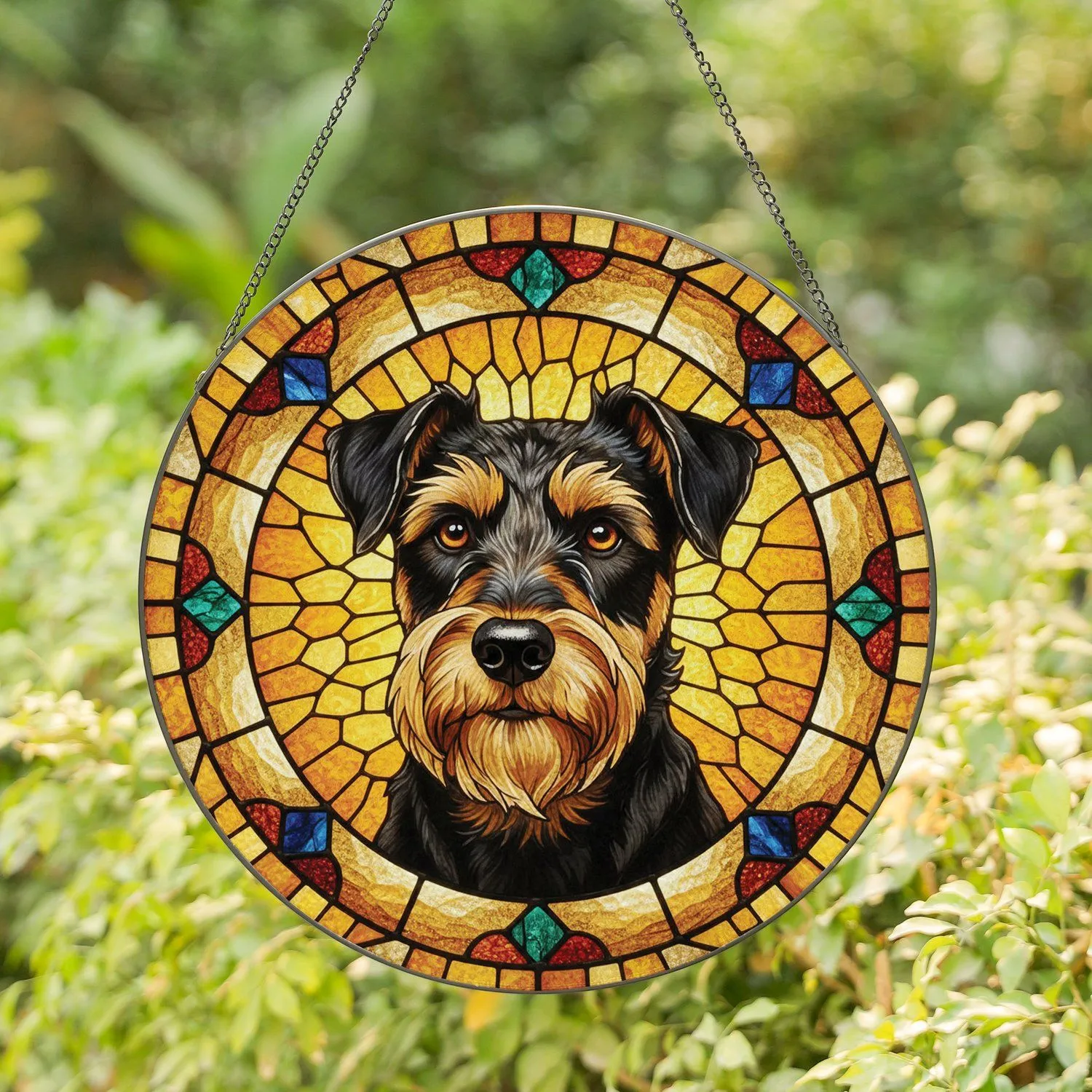 Curious Black Tan Terrier Dog Portrait Segmented Border - Home Decor Gift for Dog Lover Stained Glass Suncatcher - 1