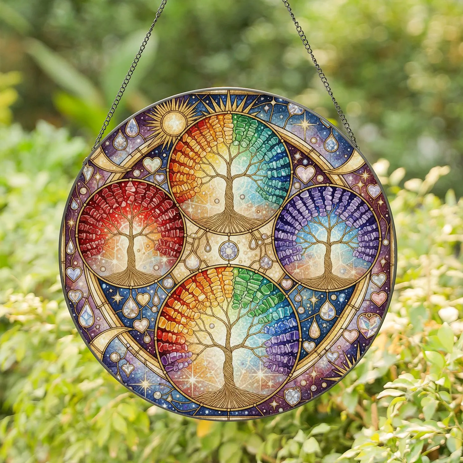 Golden Rainbow Tree of Life Crescent Moon Celestial Star Crystal - Home Decor Gift Stained Glass Suncatcher - 1