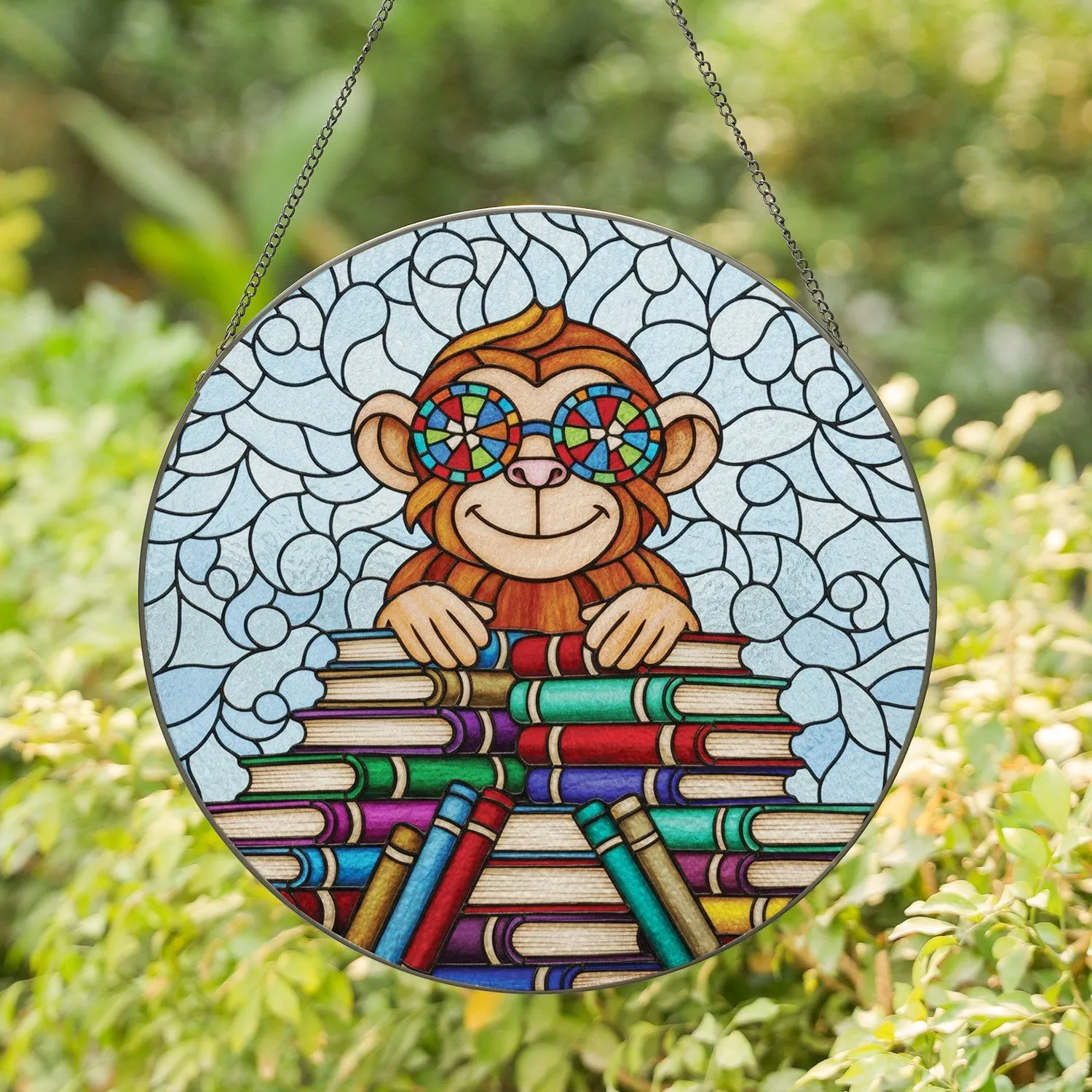 Furry Monkey Stacked Books Mosaic Sunglasses - Reading Nook Decor Gift Stained Glass Suncatcher - 1