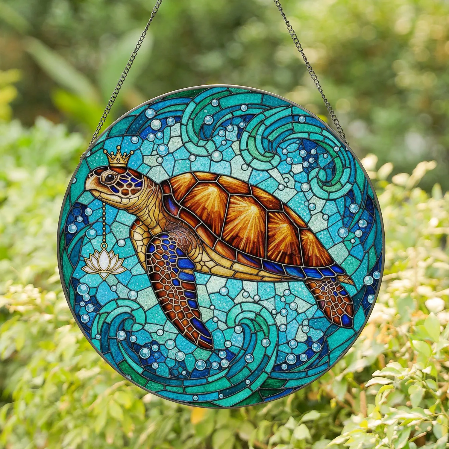 Majestic Sea Turtle Golden Crown Lotus Charm - Underwater Decor Gift for Turtle Lovers Stained Glass Suncatcher - 1