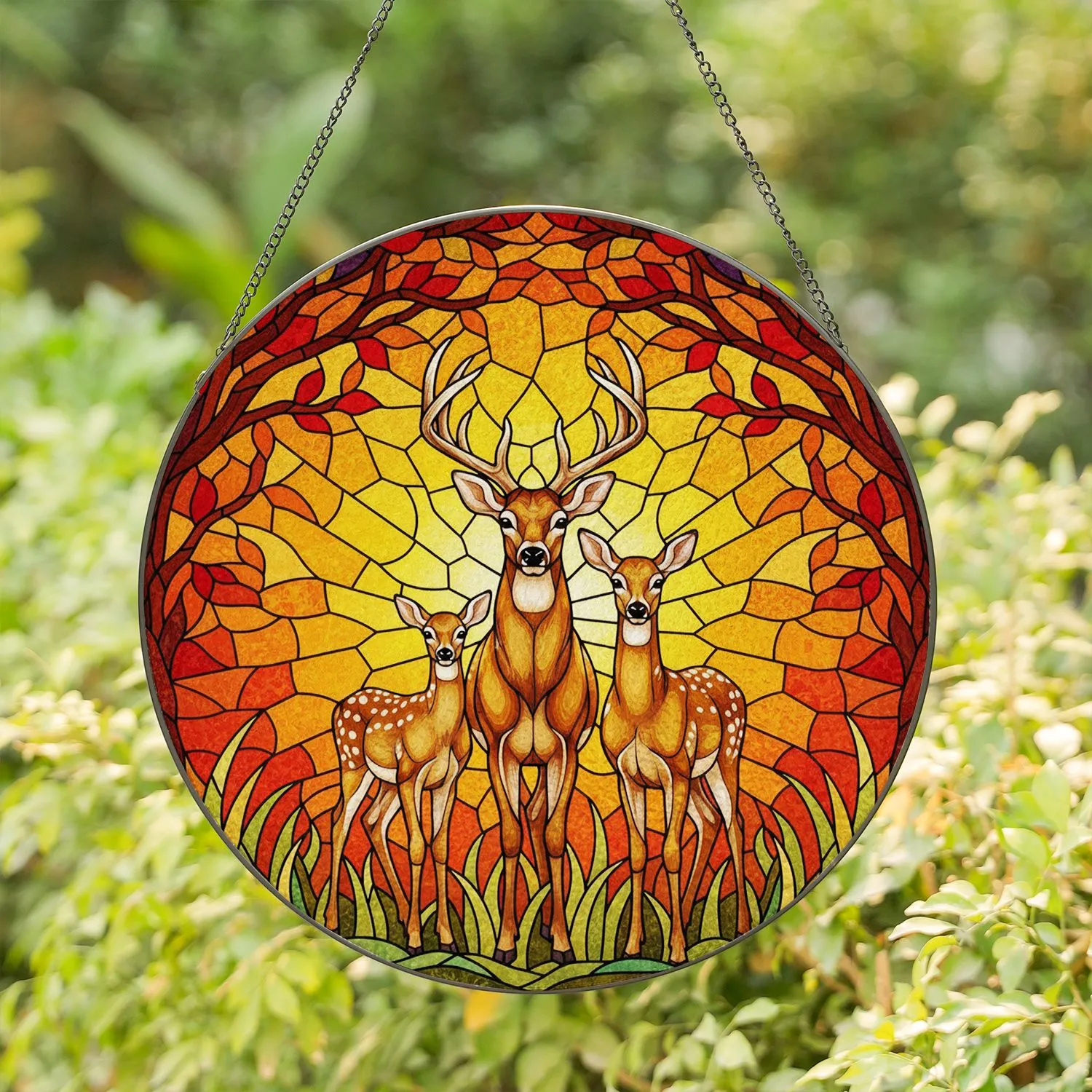 Deer Family Autumn Leaves Sunset Sky - Home Decor for Wildlife Lover Stained Glass Suncatcher - 1