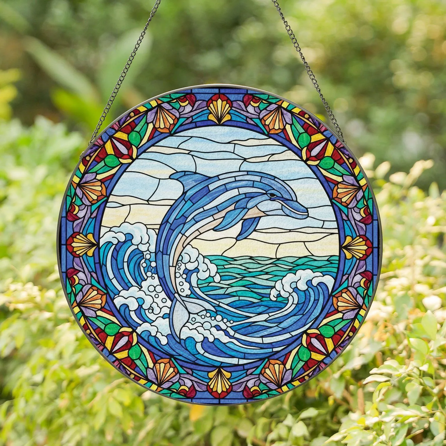 Majestic Dolphin Stained Glass Mosaic Ocean Waves - Wildlife Lover Home Decor Gift Stained Glass Suncatcher - 1