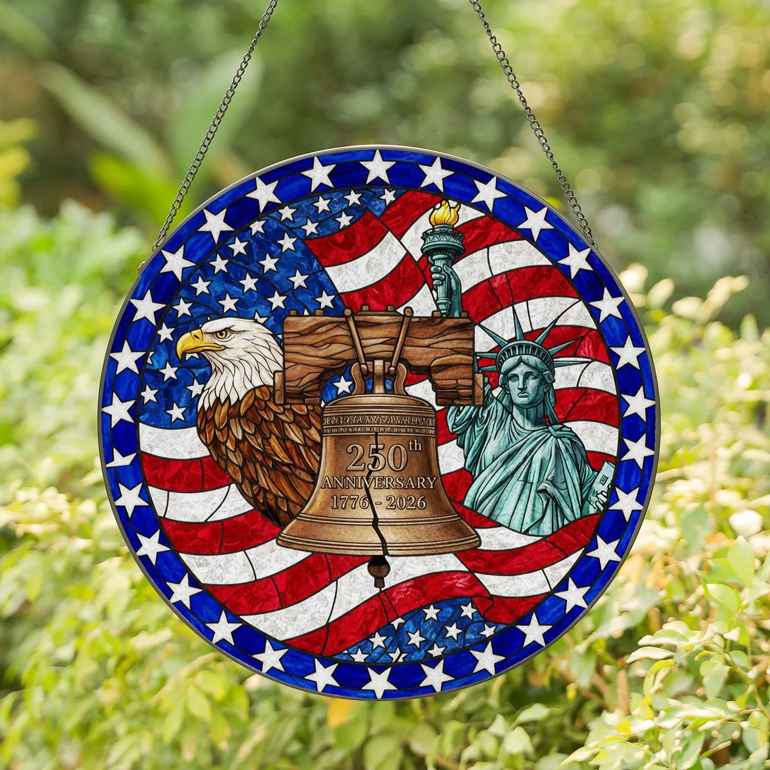 Liberty Bell Bald Eagle Statue of Liberty - USA 250th Anniversary Independence Day Stained Glass Suncatcher - 1