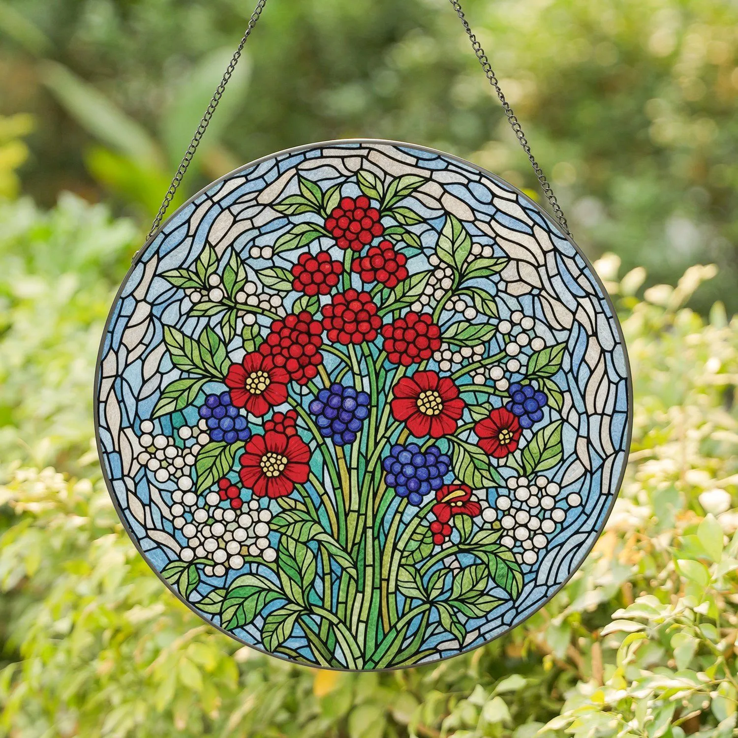 Stained Glass Botanical Blooming Red Flowers Indigo Berries Green Leaves Sky Swirls - Home Decor Gift Stained Glass Suncatcher - 1