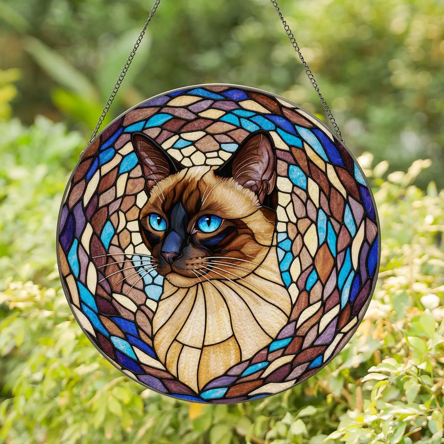 Siamese Cat Tiffany Glass Swirling Mosaic - Home Decor Gift for Cat Lover Stained Glass Suncatcher - 1