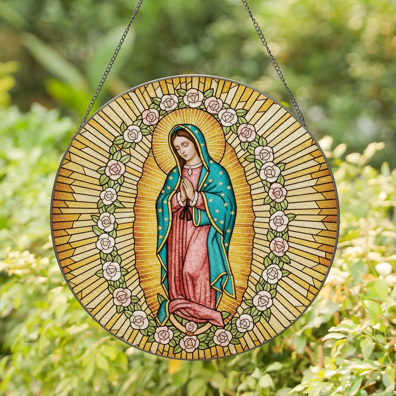 Our Lady of Guadalupe Rose Wreath Golden Light - Devotional Home Decor Gift Stained Glass Suncatcher - 1