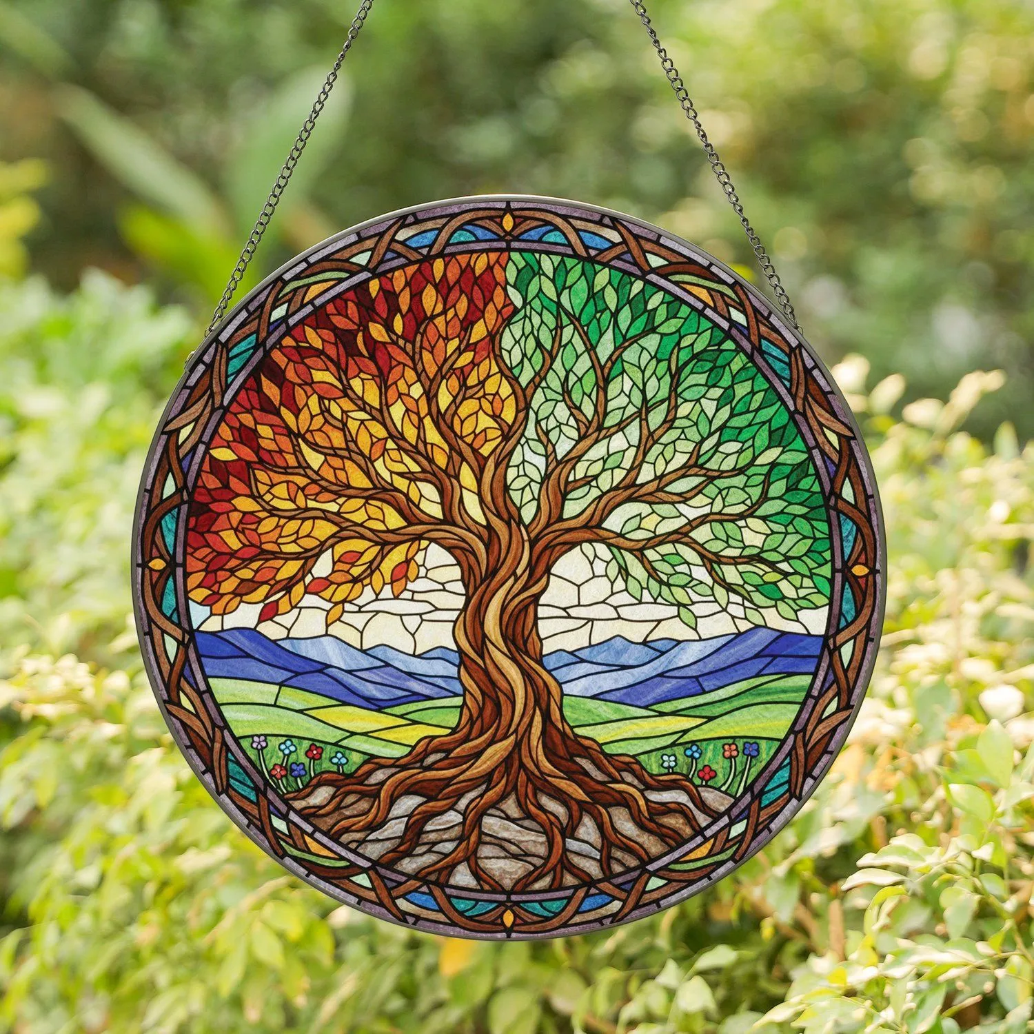 Tiffany Glass Gnarled Tree of Life Changing Seasons - Nature Home Decor Gift Stained Glass Suncatcher - 1