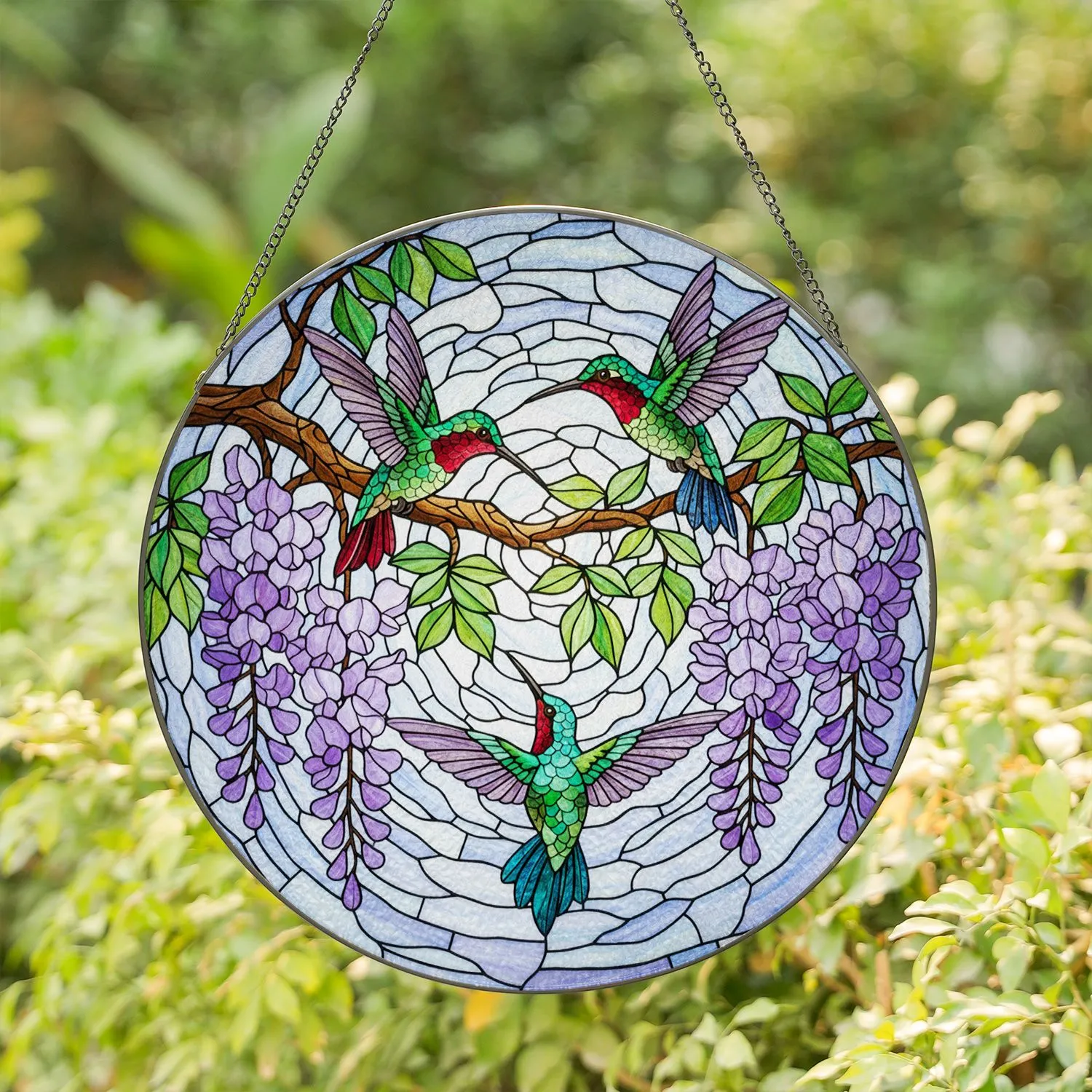 Three Hummingbirds Wisteria Flowers Branch Mosaic Sky - Home Decor Wildlife Lover Gift Stained Glass Suncatcher - 1