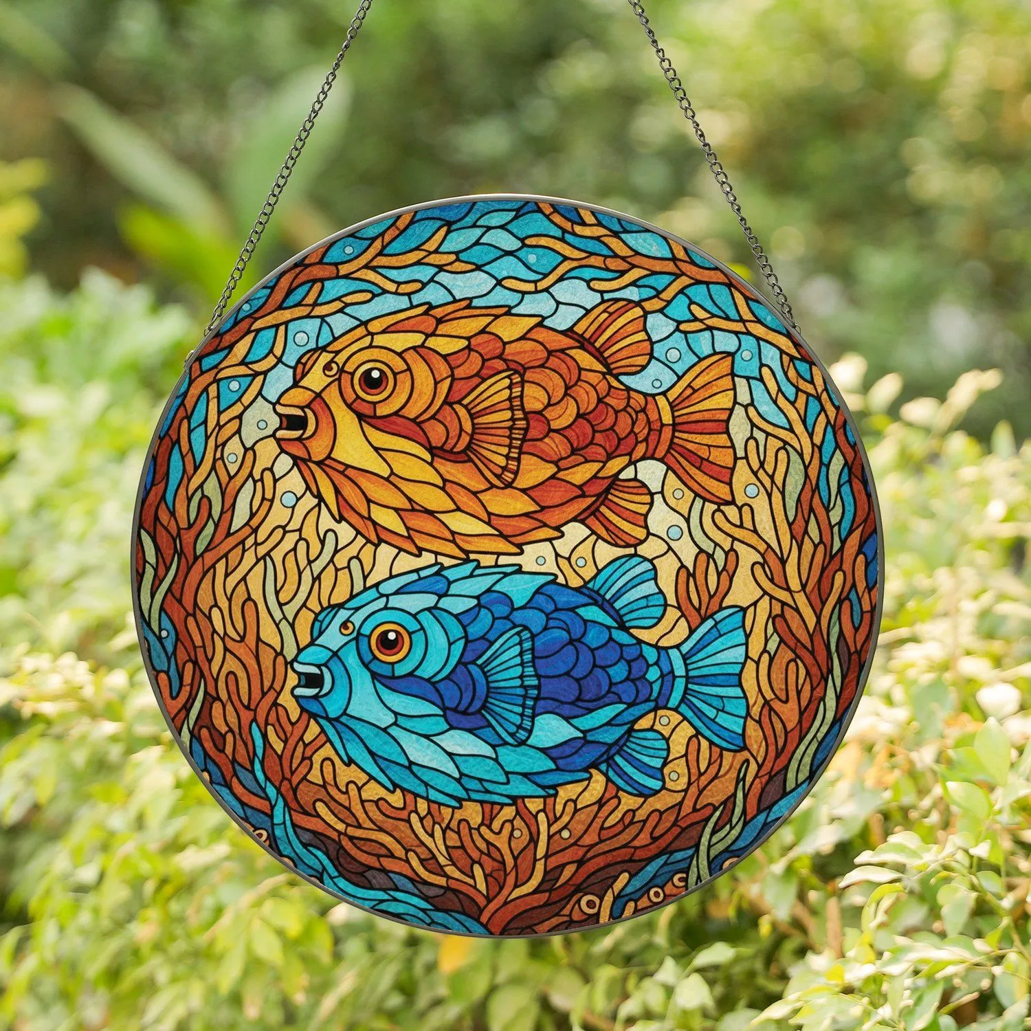 Amber Blue Stacked Pufferfish Ocean Coral Reef Mosaic - Home Decor Gift for Ocean Lover Stained Glass Suncatcher - 1