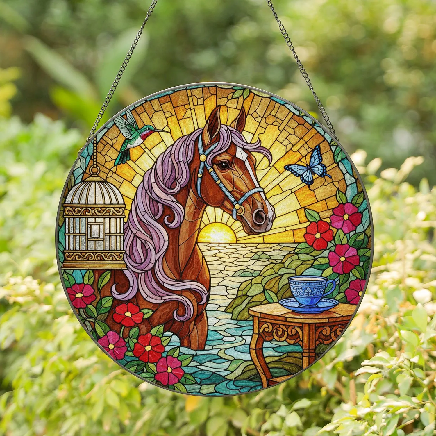Horse Head Ornate Bridle Hummingbird Butterfly Pink Flowers - Wildlife Lover Home Decor Gift Stained Glass Suncatcher - 1