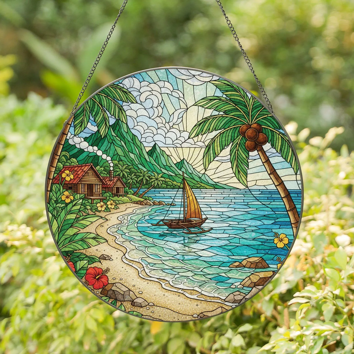 Tropical Beach Ocean Scene Boat Bungalows Palm Tree - Home Decor Gift for Ocean Lover Stained Glass Suncatcher - 1