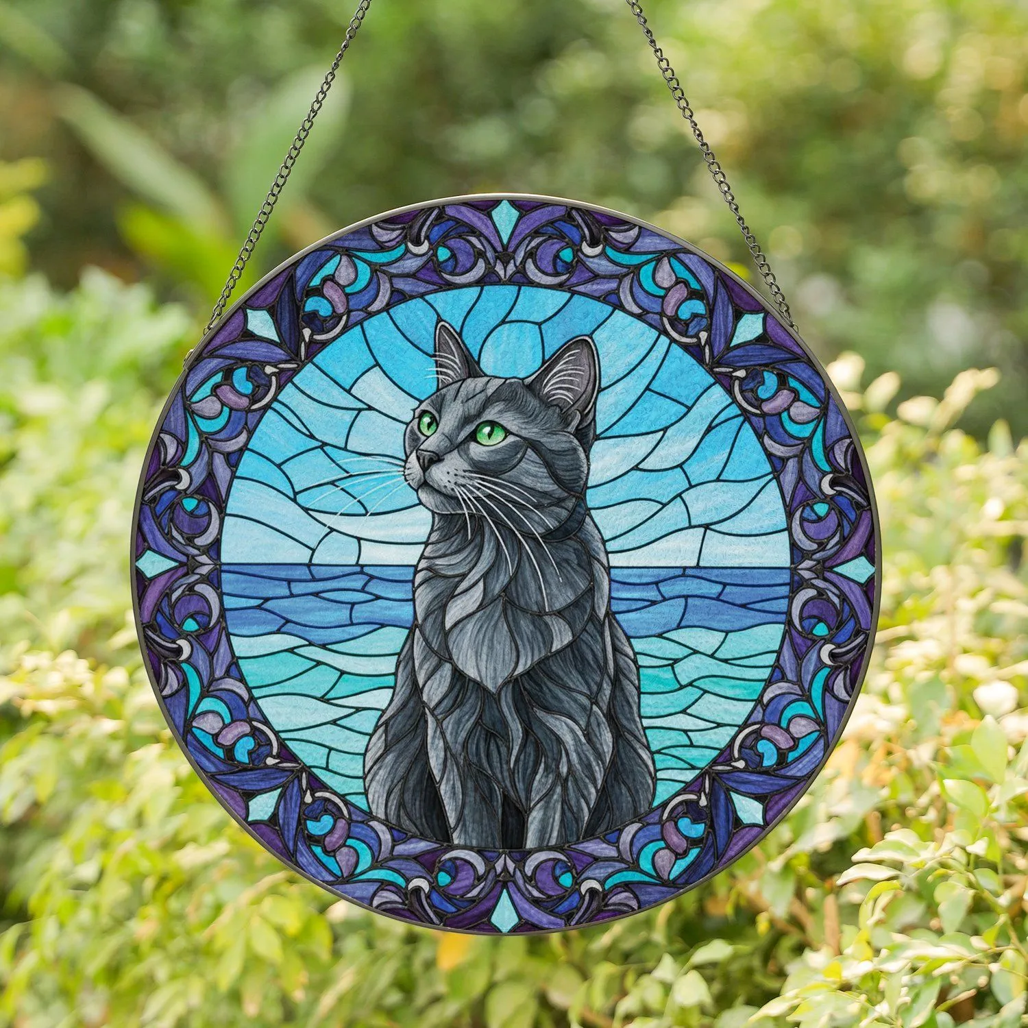 Stained Glass Russian Blue Cat Emerald Eyes Floral Leaves Sky Ocean Home Decor Gift Stained Glass Suncatcher - 1