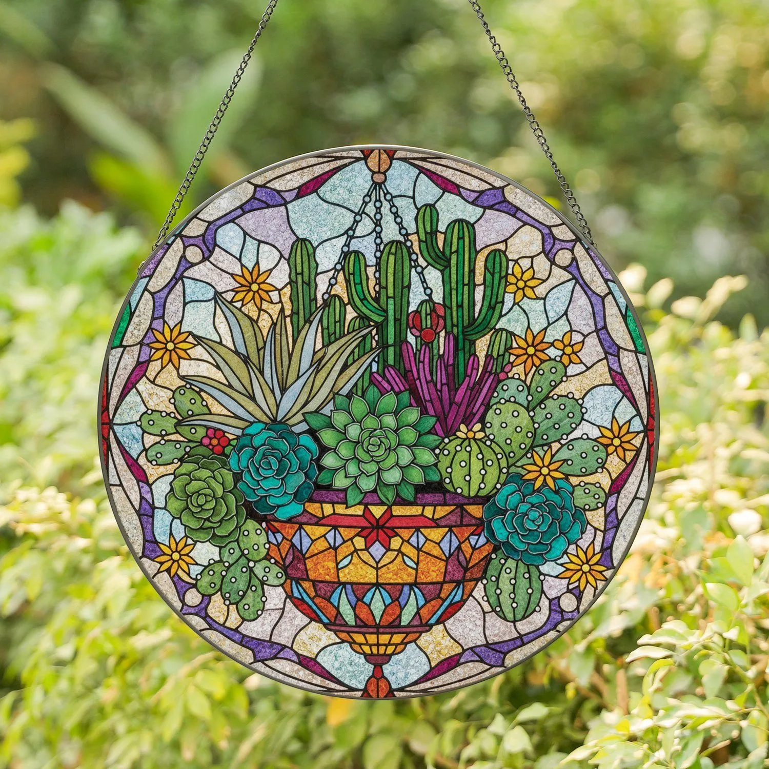 Cactus Succulent Hanging Planter Pot Home Decor Gift for Plant Lover Stained Glass Suncatcher - 1