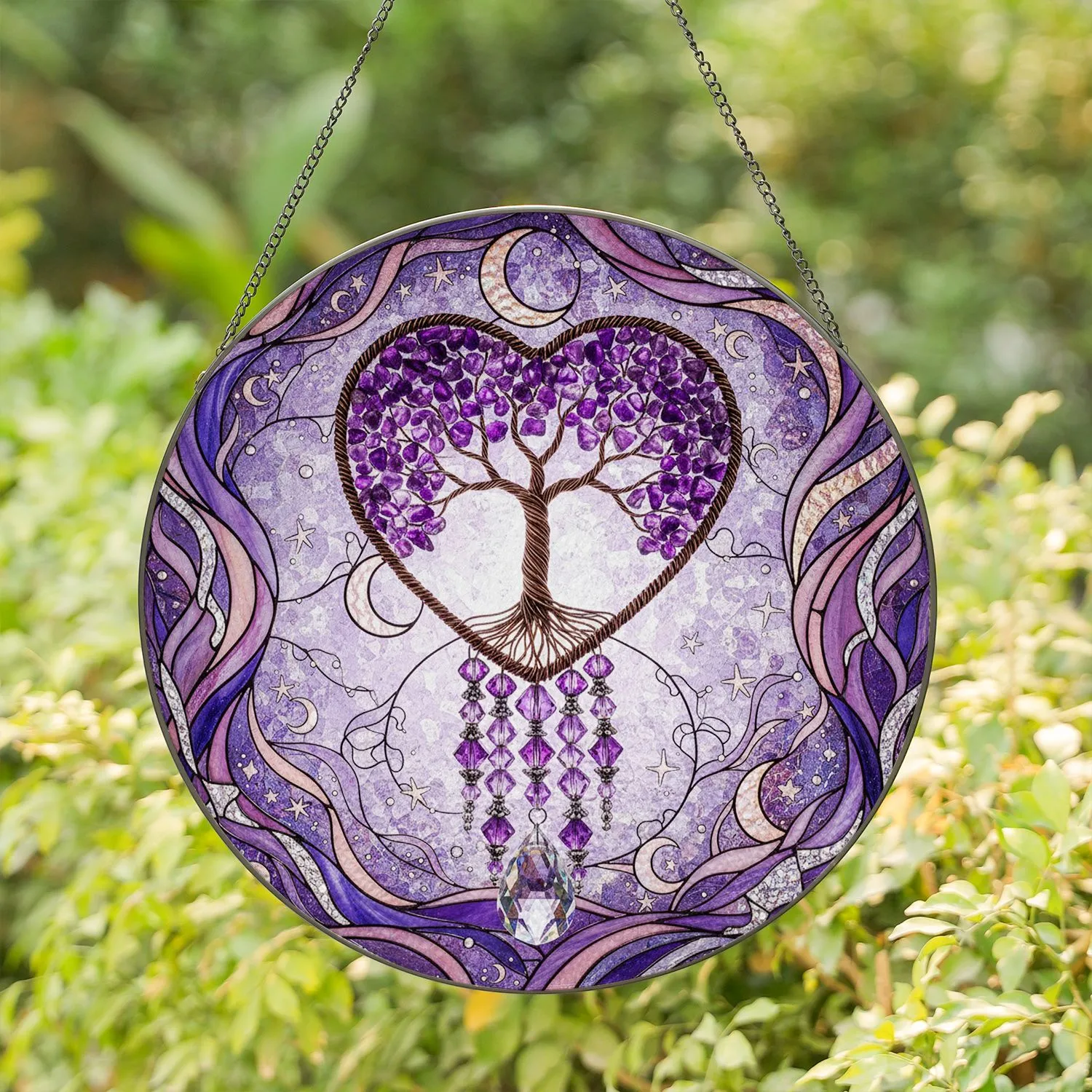 Stained Glass Tree of Life Heart Amethyst Crystal Teardrop - Home Decor Gift Stained Glass Suncatcher - 1