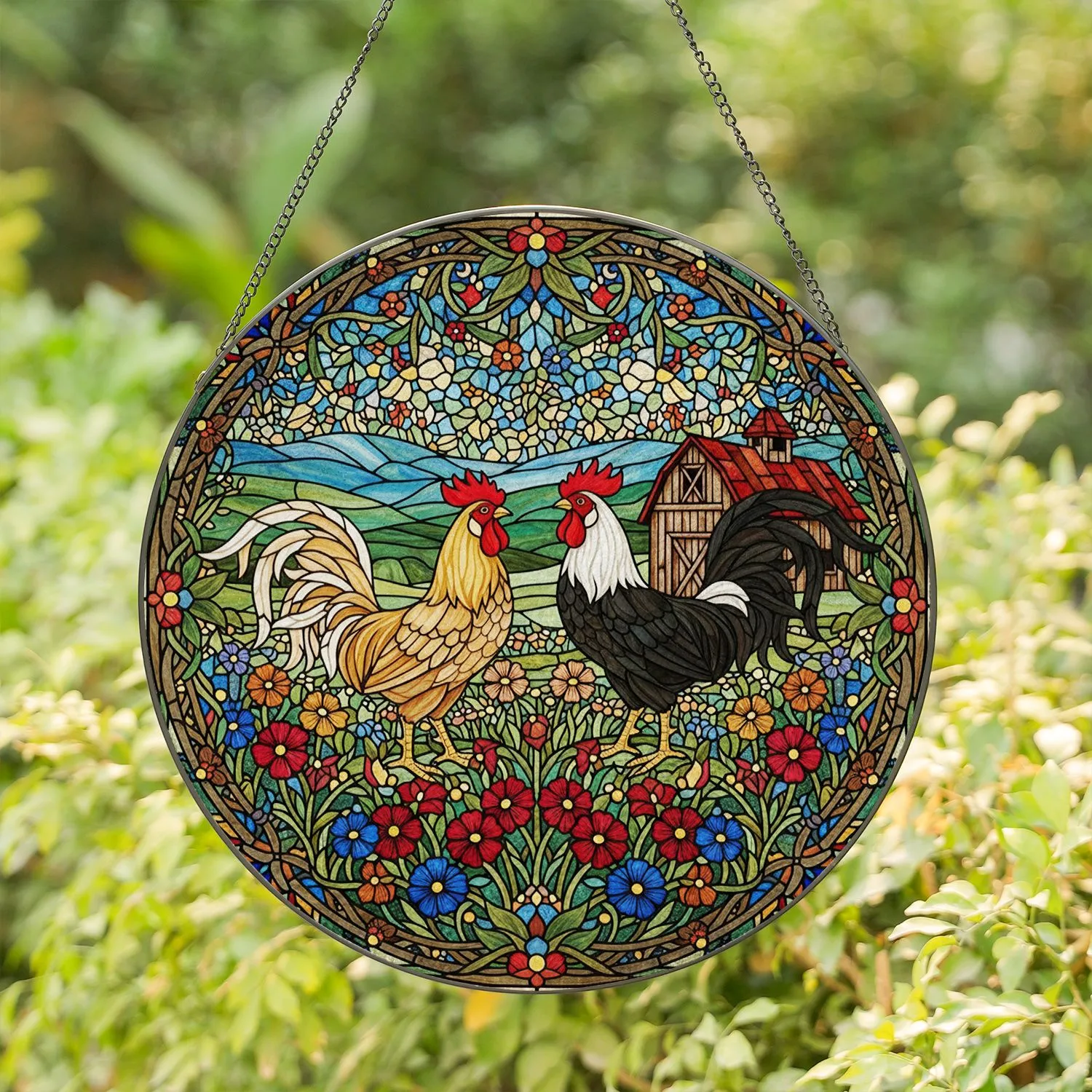 Two Roosters Stained Glass Wildflowers Barn - Rustic Farmhouse Home Gift Stained Glass Suncatcher - 1