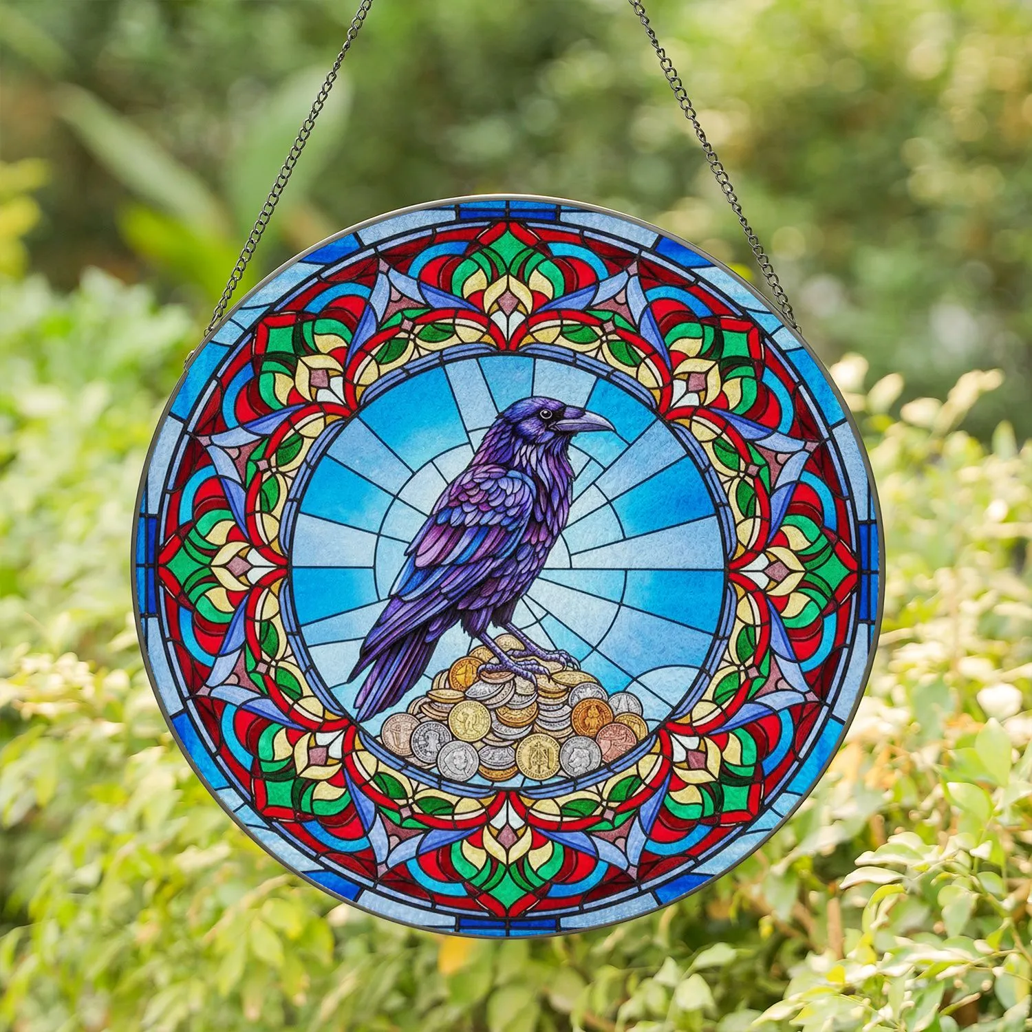Magnificent Raven Historical Coins Circular Border Stained Glass - Wildlife Collector Gift Stained Glass Suncatcher - 1