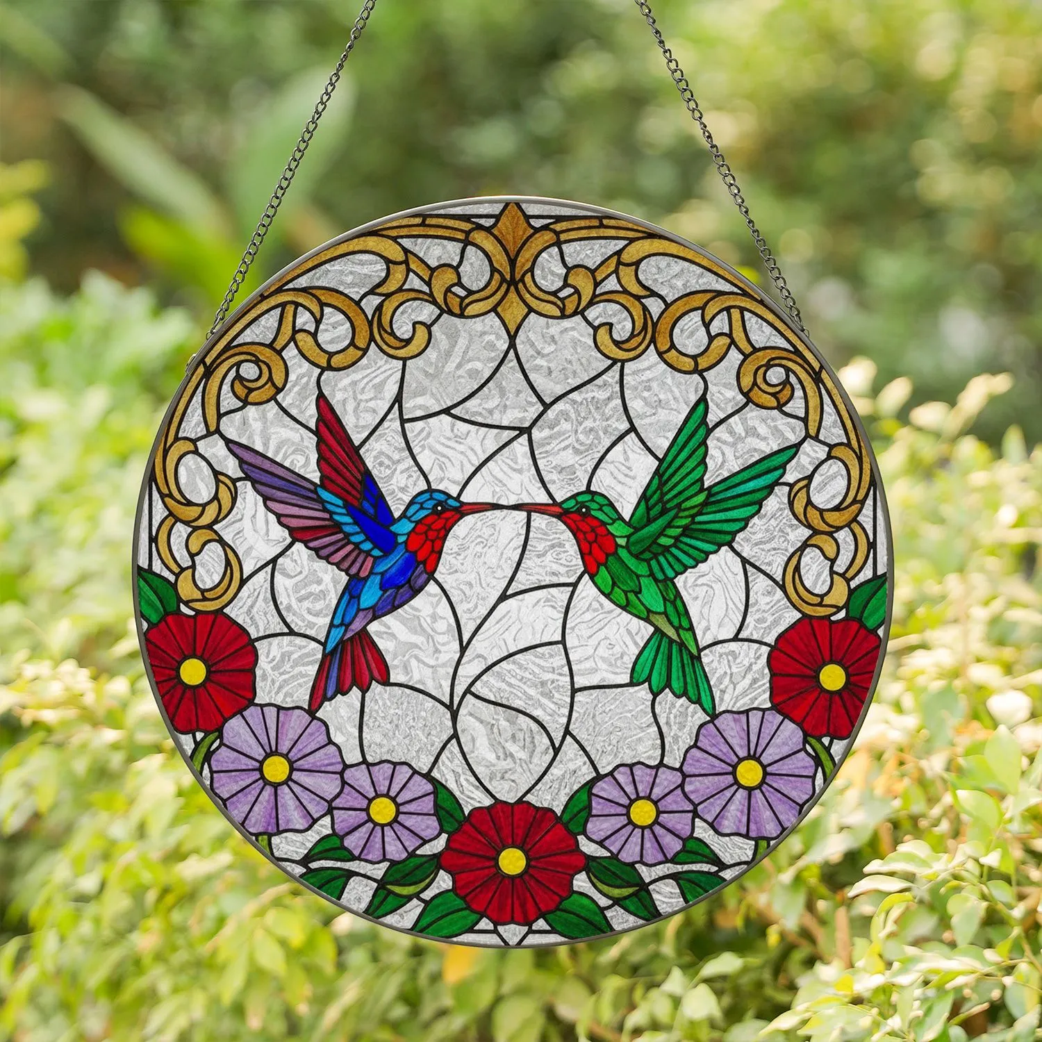Two Hummingbirds Floral Filigree Stained Glass Mosaic - Home Decor Gift for Bird Lover Stained Glass Suncatcher - 1