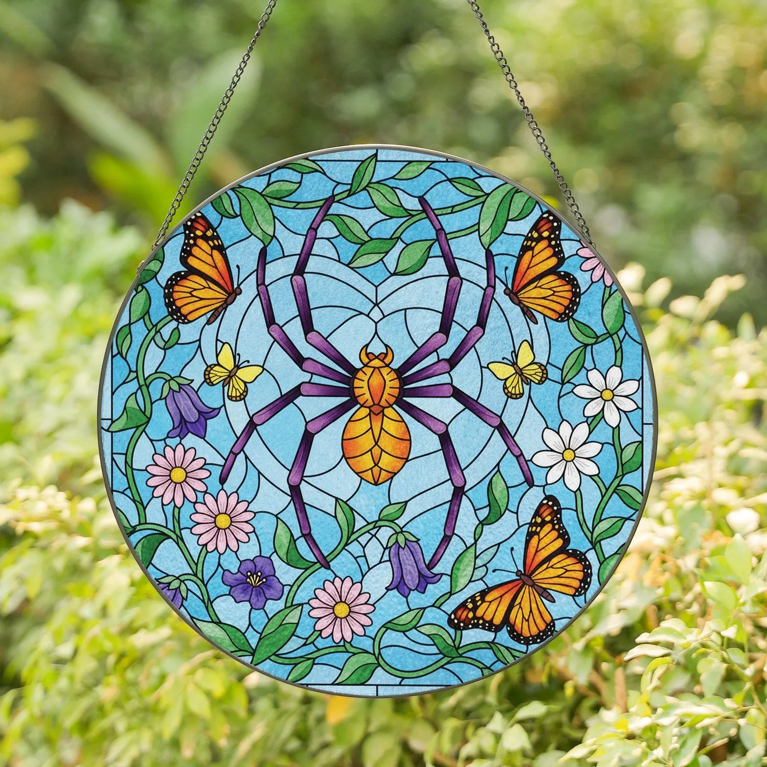 Iridescent Spider Monarch Butterflies Daisy Bell Flowers Foliage - Home Decor Gift Stained Glass Suncatcher - 1