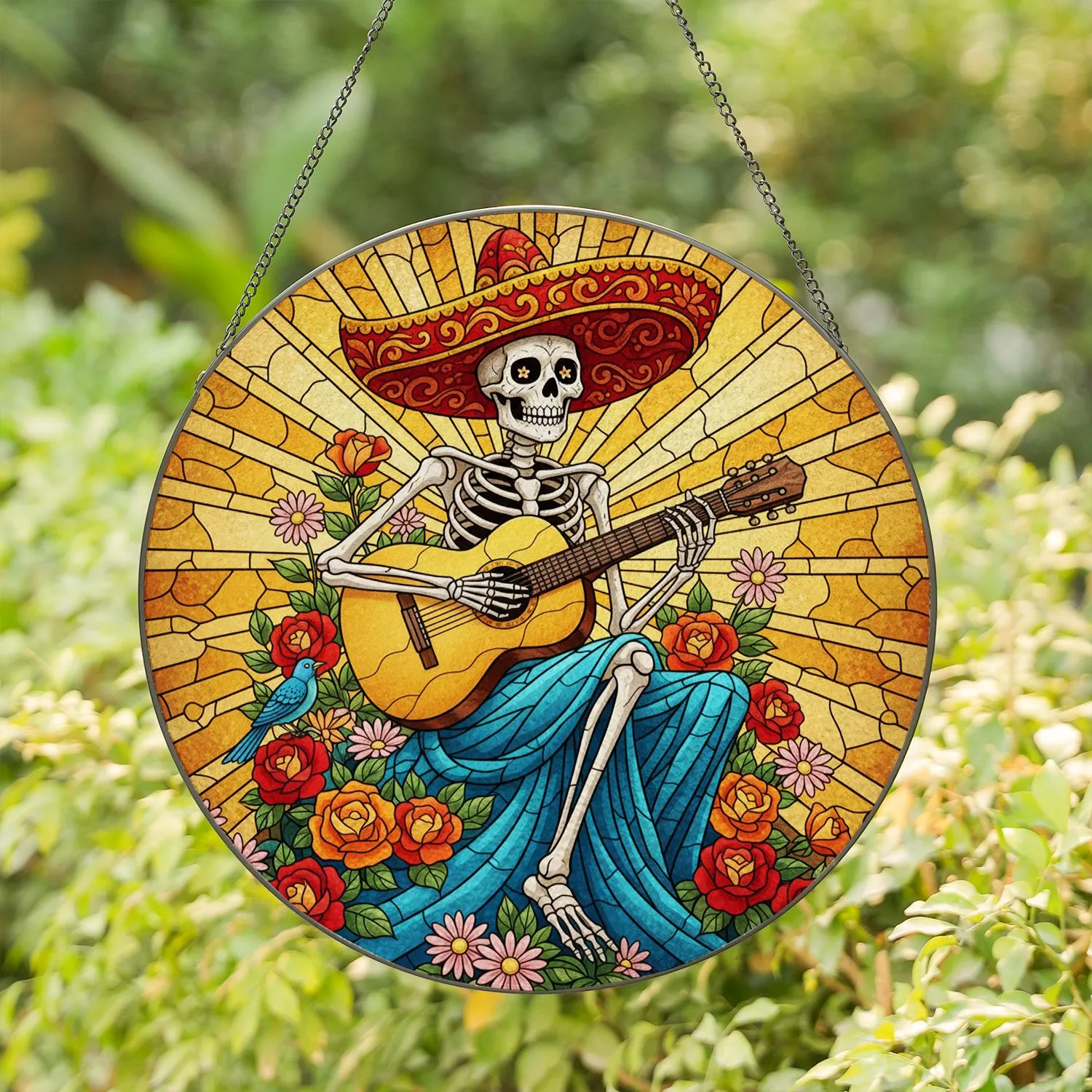 Mariachi Skeleton Guitar Flowers Stained Glass - Cultural Home Decor Music Lover Gift Stained Glass Suncatcher - 1