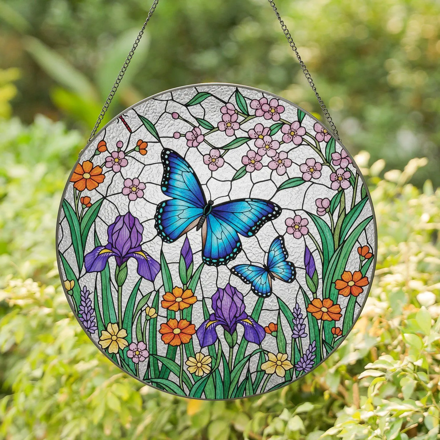 Blue Butterflies Wildflower Dragonfly - Nature Home Decor Gift for Butterfly Lovers Stained Glass Suncatcher - 1