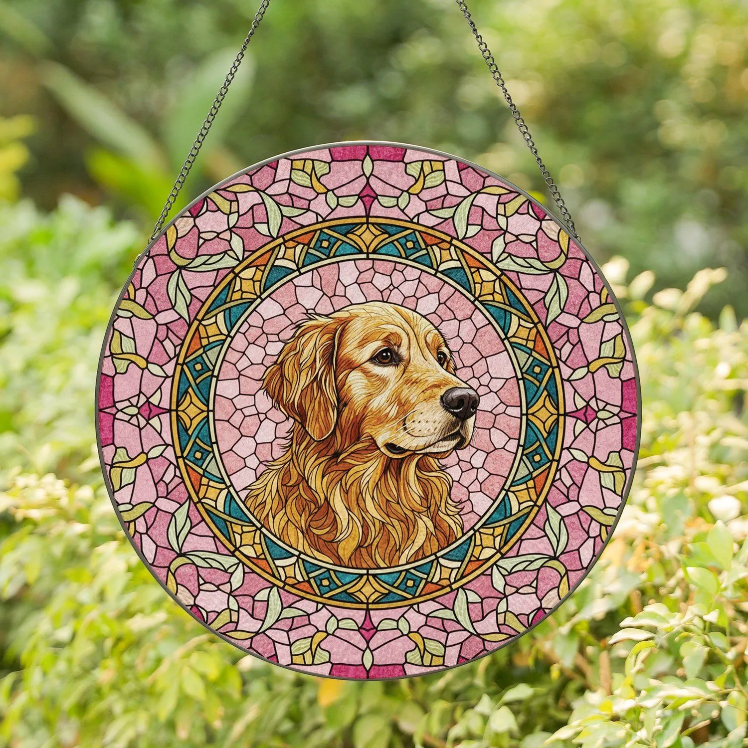 Golden Retriever Stained Glass Floral Fractured Glass Home Decor Gift Stained Glass Suncatcher - 1