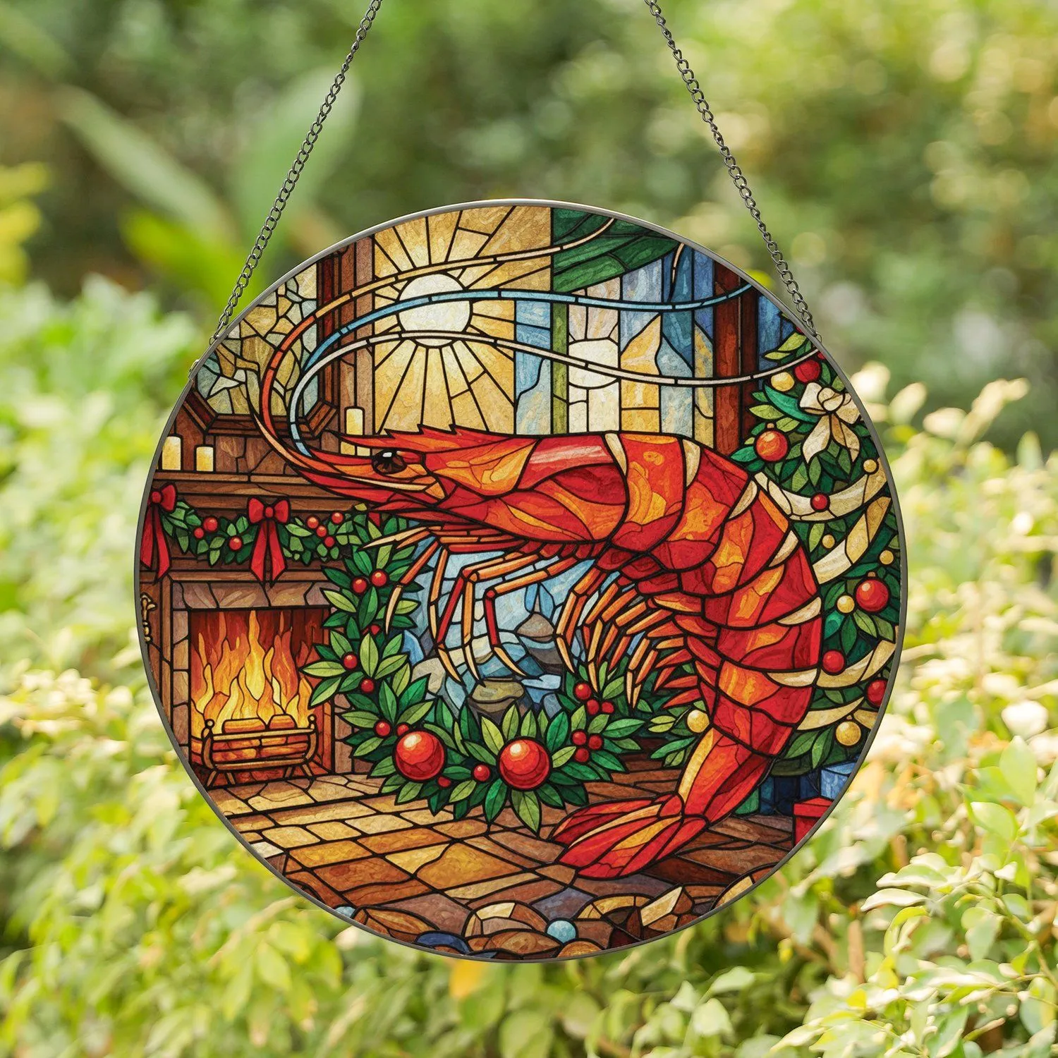 Large Shrimp Christmas Wreath Fireplace Scene - Festive Holiday Home Decor Gift Stained Glass Suncatcher - 1