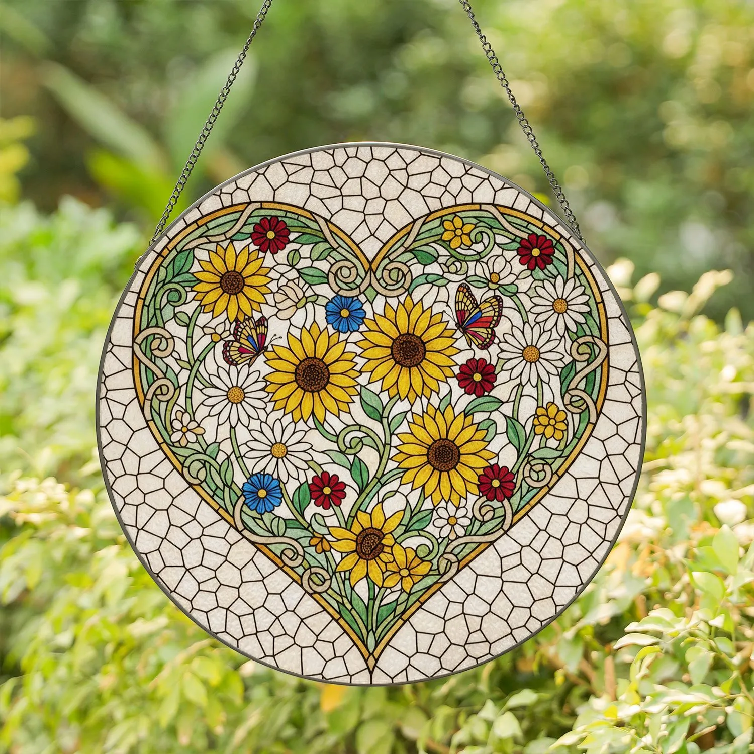 Heart Sunflower Daisy Butterfly Leafy Lace - Home Decor Gift for Flower Lover Stained Glass Suncatcher - 1