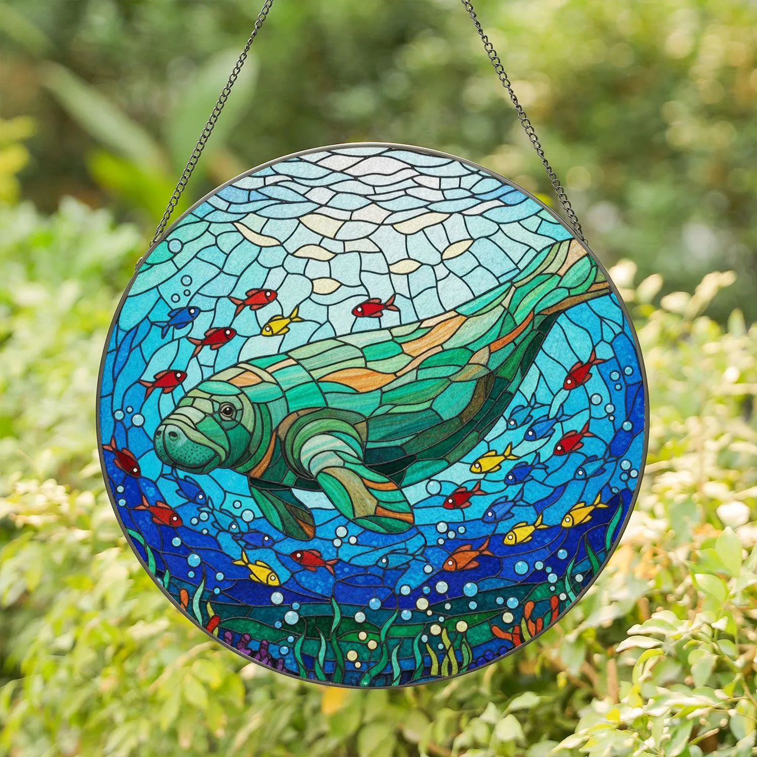 Stained Glass Manatee Fish Seagrass Coral Underwater Scene - Ocean Lover Home Decor Gift Stained Glass Suncatcher - 1