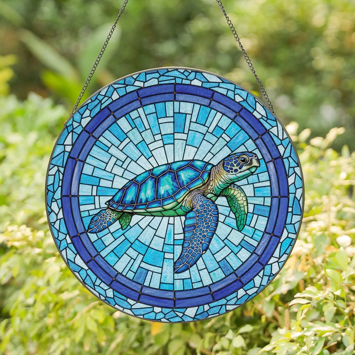 Majestic Sea Turtle Tiffany Glass Swirling Mosaic - Ocean Life Home Decor Gift Stained Glass Suncatcher - 1