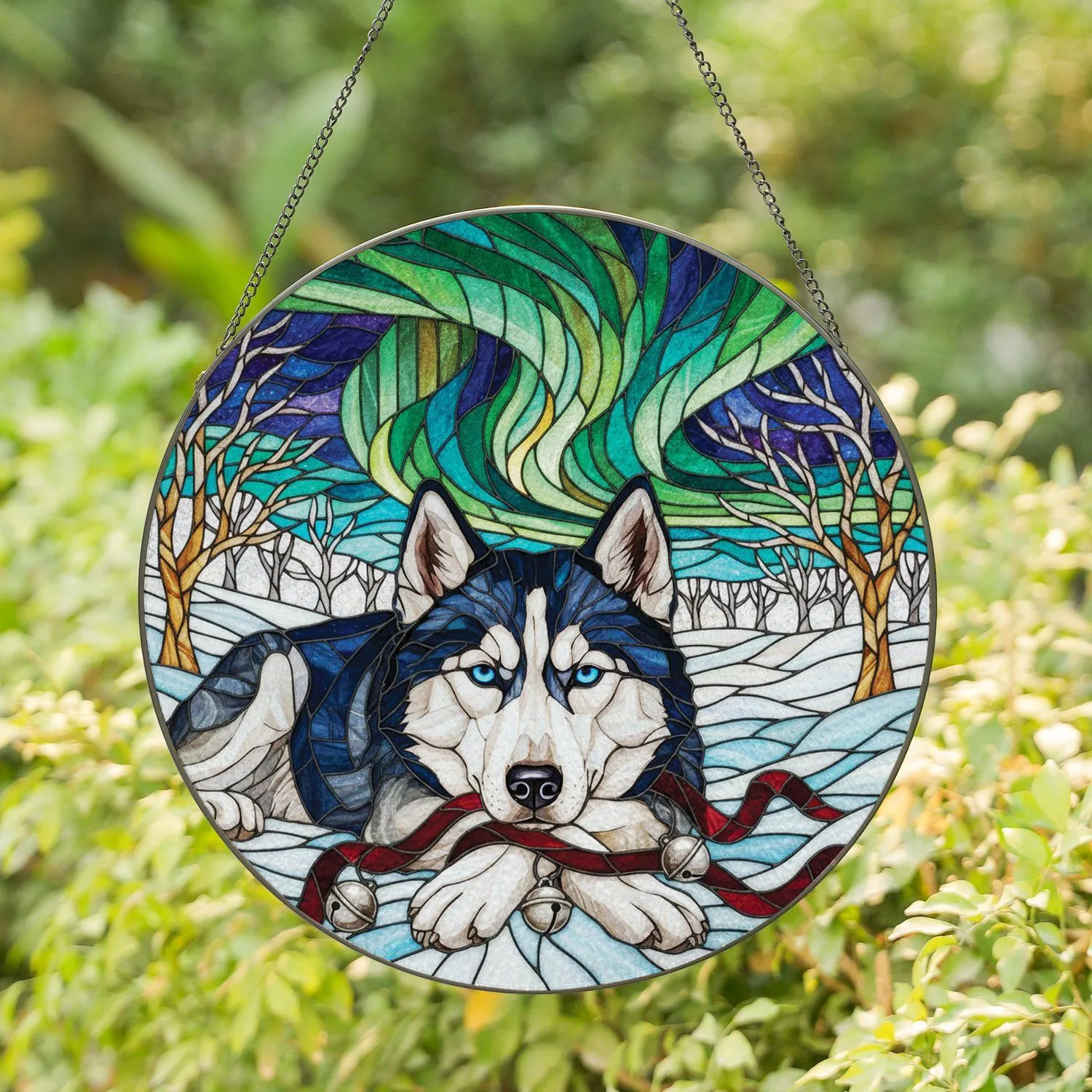 Husky Dog Blue Eyes Winter Landscape Red Ribbon Jingle Bells - Dog Lover Home Decor Gift Stained Glass Suncatcher - 1