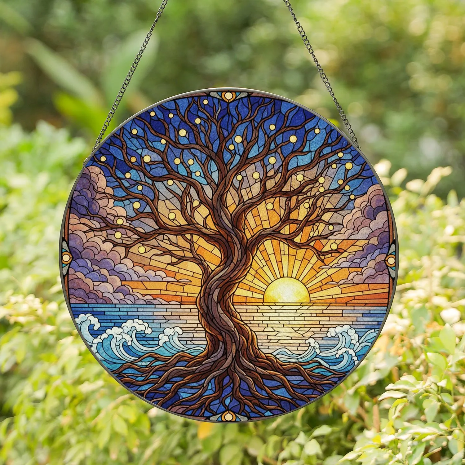 Ancient Tree Glowing Orbs Golden Sunset Ocean Border - Home Decor Gift Stained Glass Suncatcher - 1