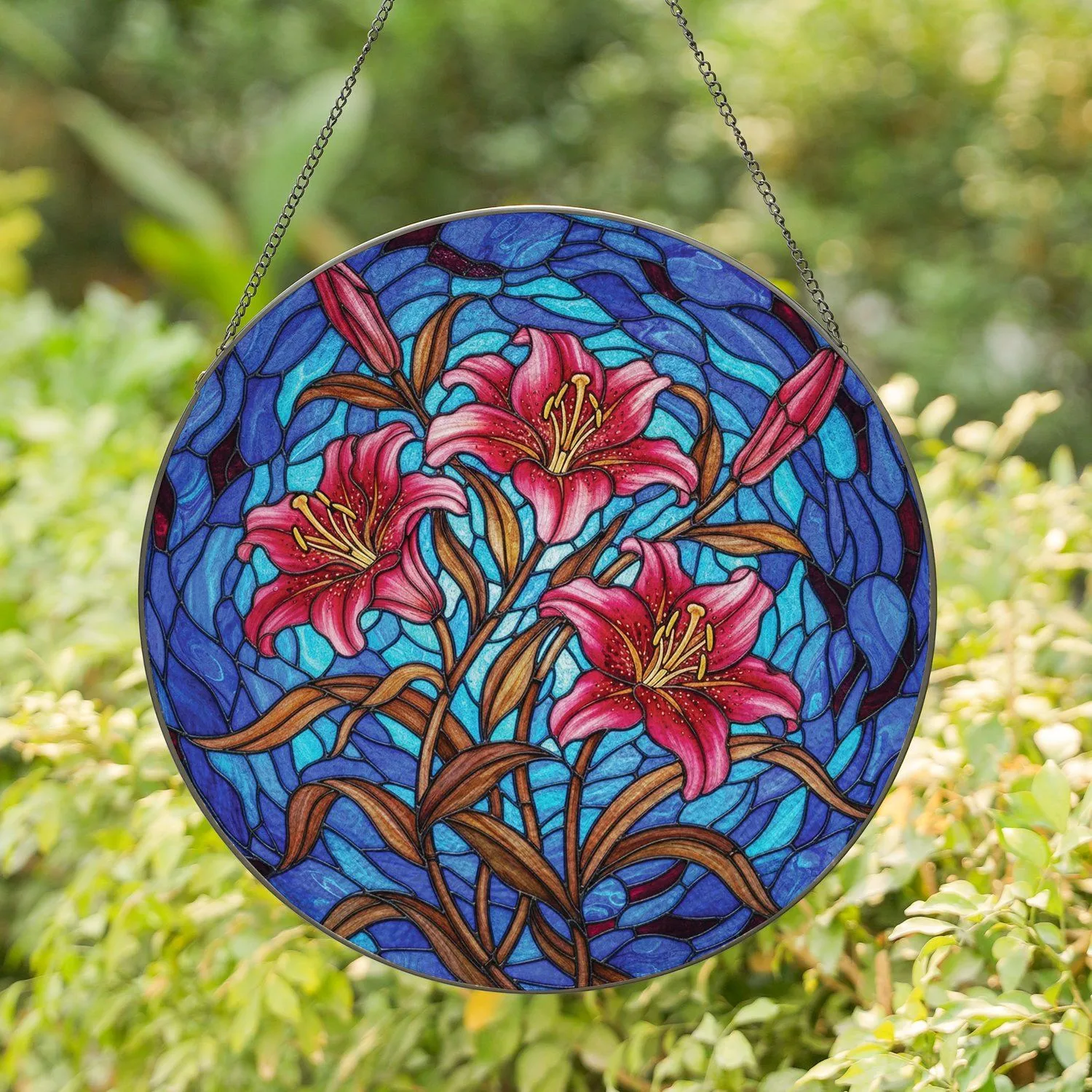 Pink Magenta Lily Blooms Yellow Orange Throats Organic Swirling Mosaic - Home Decor Gift Stained Glass Suncatcher - 1