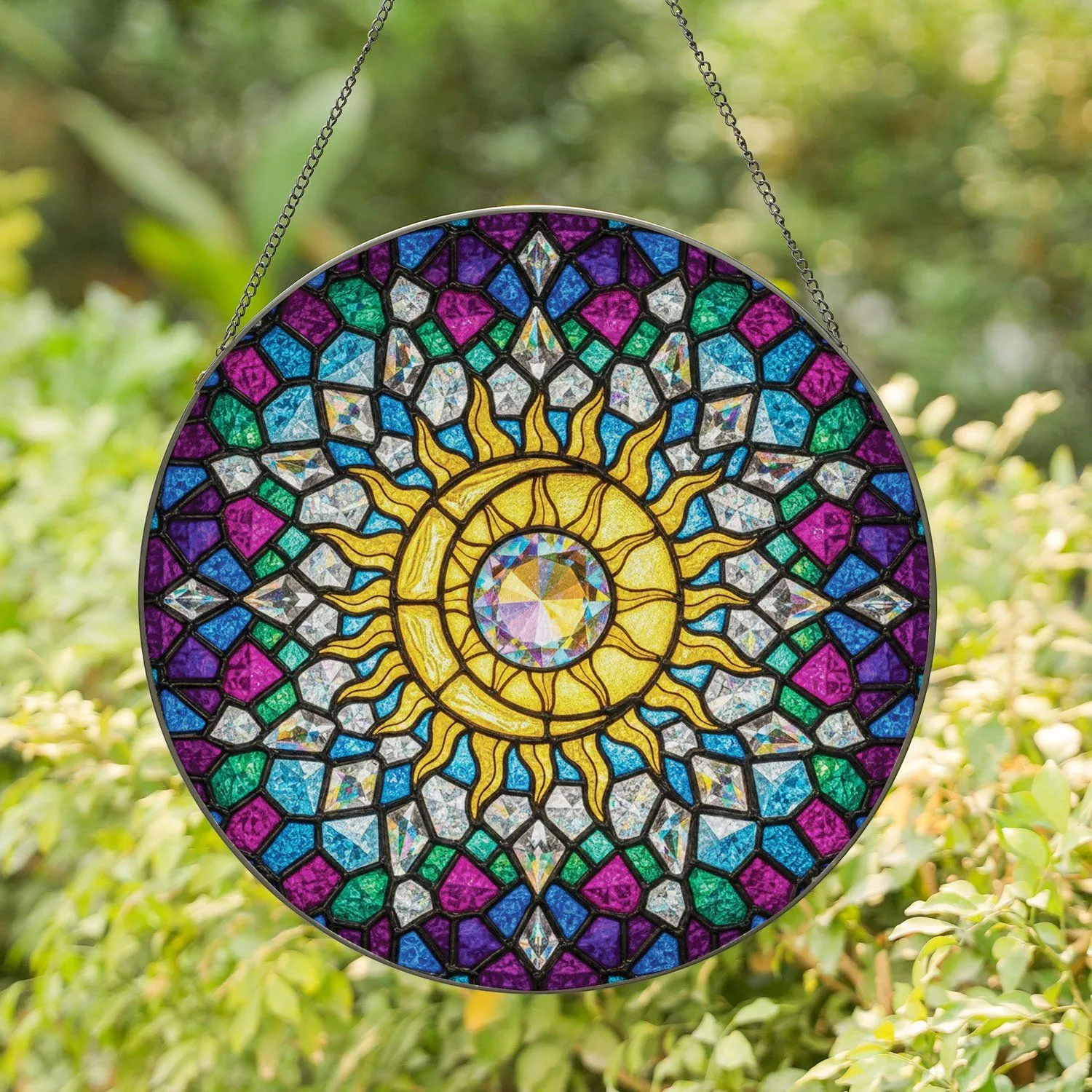 Golden Sun Crescent Moon Crystal Prisms Geometric Mosaic - Home Decor Gift Stained Glass Suncatcher - 1