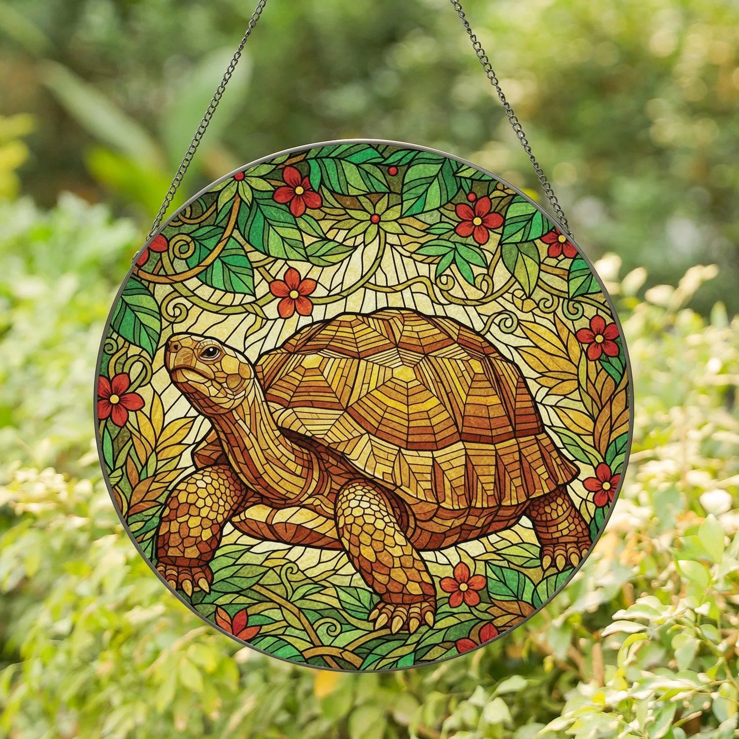 Stained Glass Tortoise Walking Mosaic Jungle Foliage - Home Decor Gift for Wildlife Lovers Stained Glass Suncatcher - 1