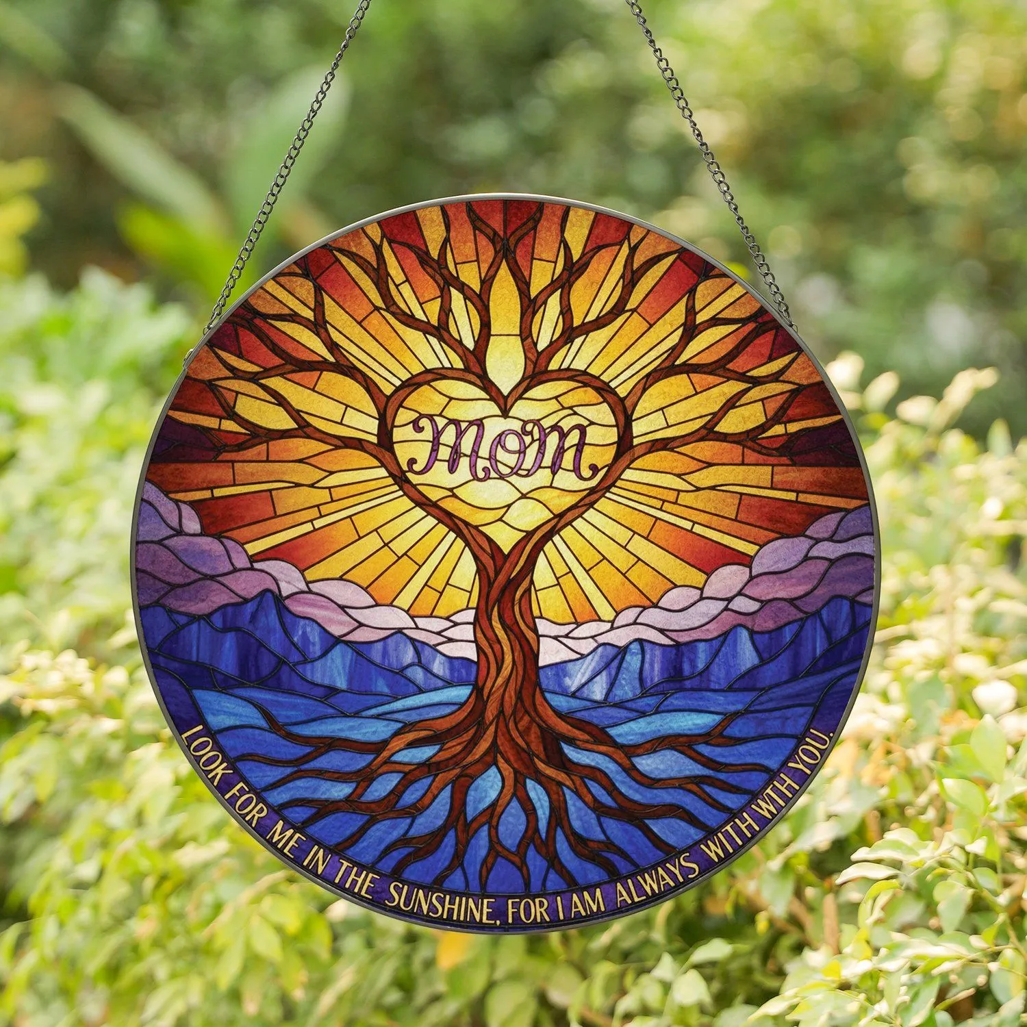 Tree of Life Heart Mom Sunrise Mountain Landscape Custom Mom's Title - Mother's Day Remembrance Gift Stained Glass Suncatcher - 1