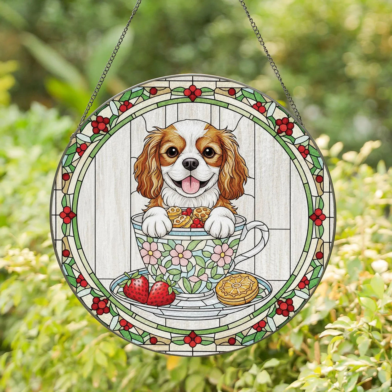 Cavalier King Charles Spaniel Puppy Teacup Dessert - Pet Lover Home Decor Gift Stained Glass Suncatcher - 1