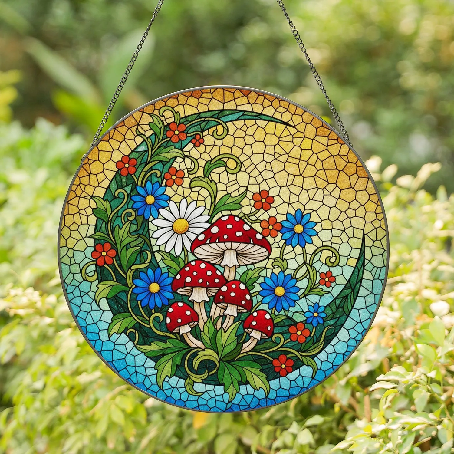Crescent Moon Toadstools White Daisy Blue Blossoms Green Leaves - Home Decor Gift Stained Glass Suncatcher - 1